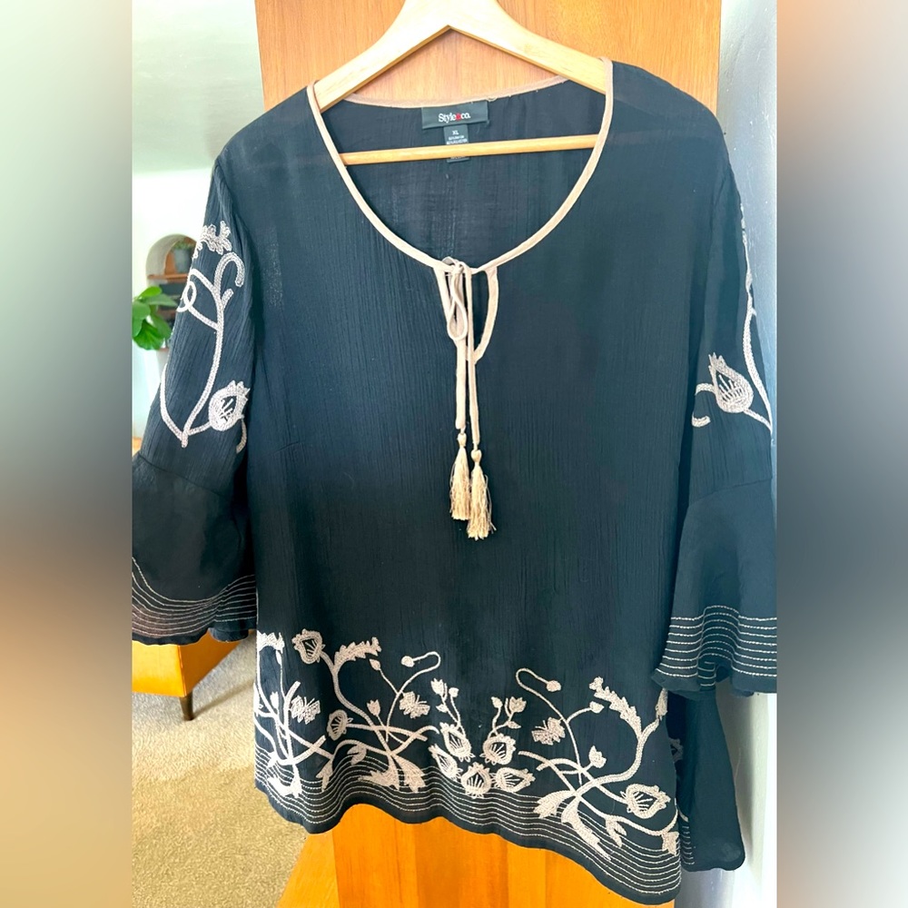 Style&Co. Black Peasant Embroidered Blouse